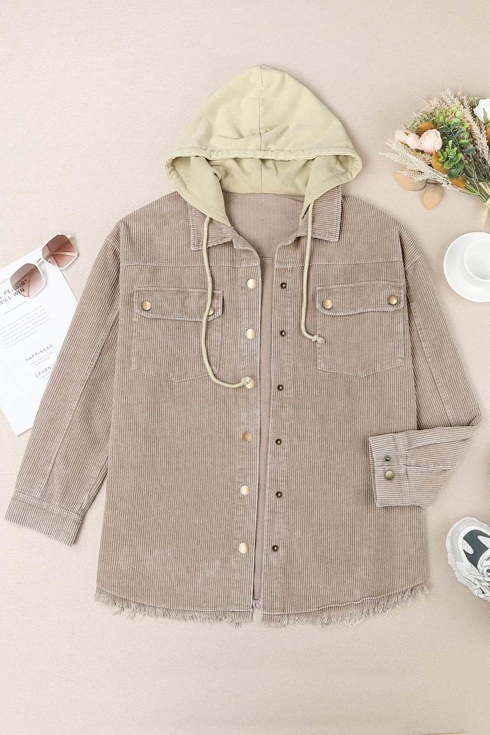 Corduroy Shacket Jacket Button Down Hooded Coat with Pockets