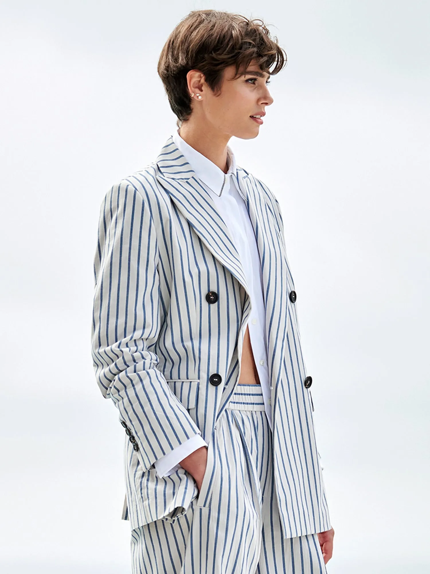 Cotton Stripe Double Breasted Blazer