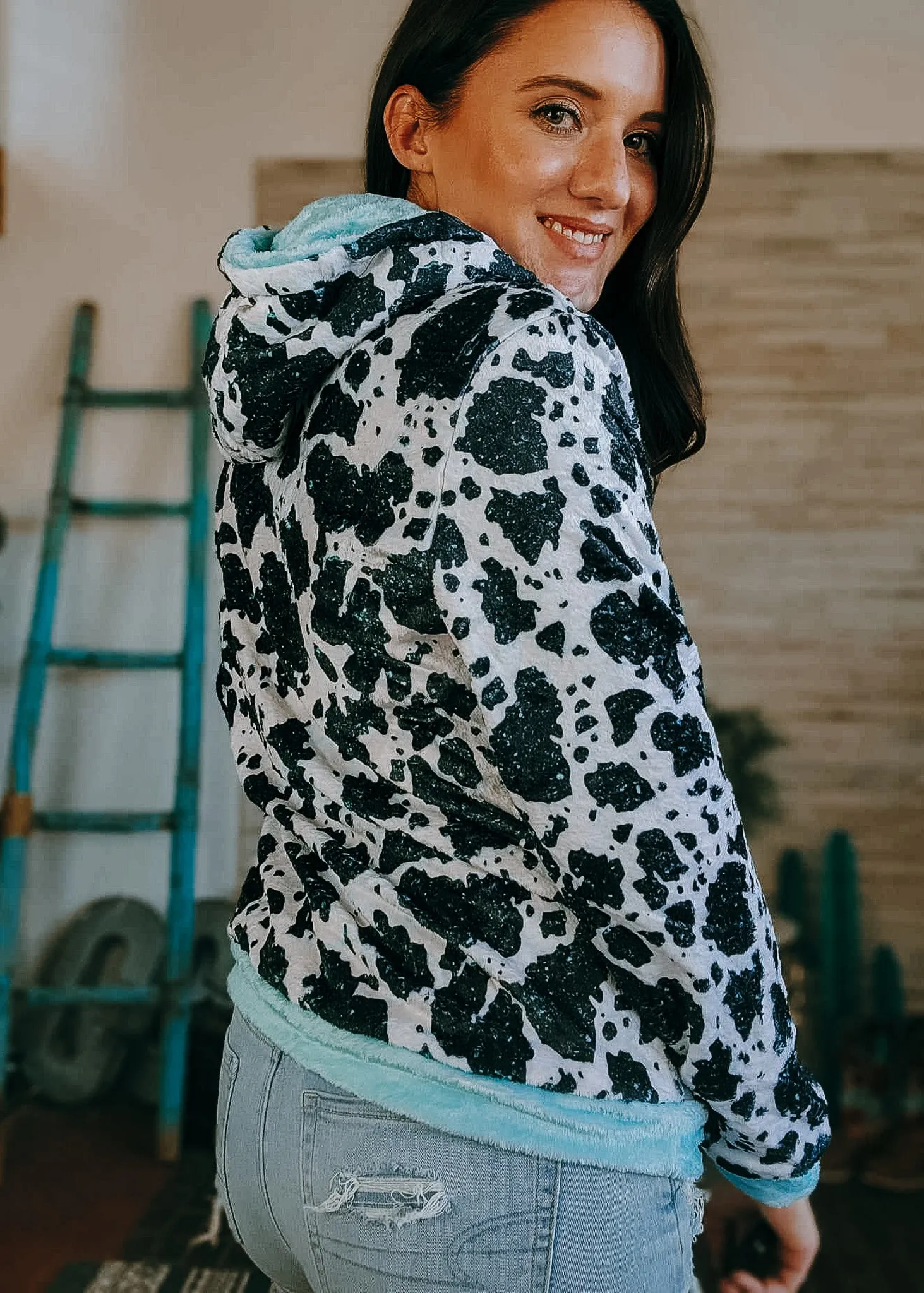 Cowprint & Turquoise Fleece Zip Hoodie