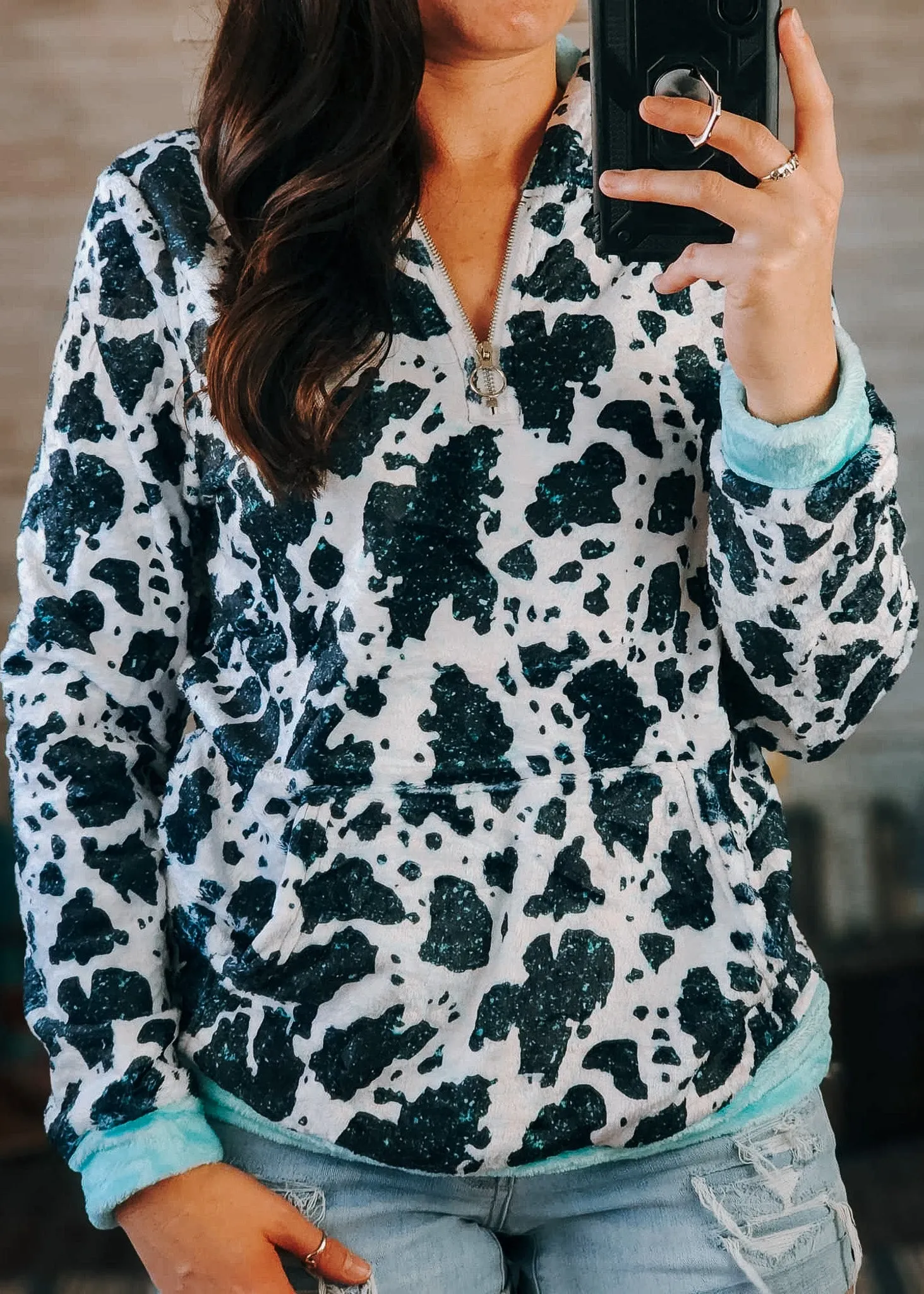 Cowprint & Turquoise Fleece Zip Hoodie