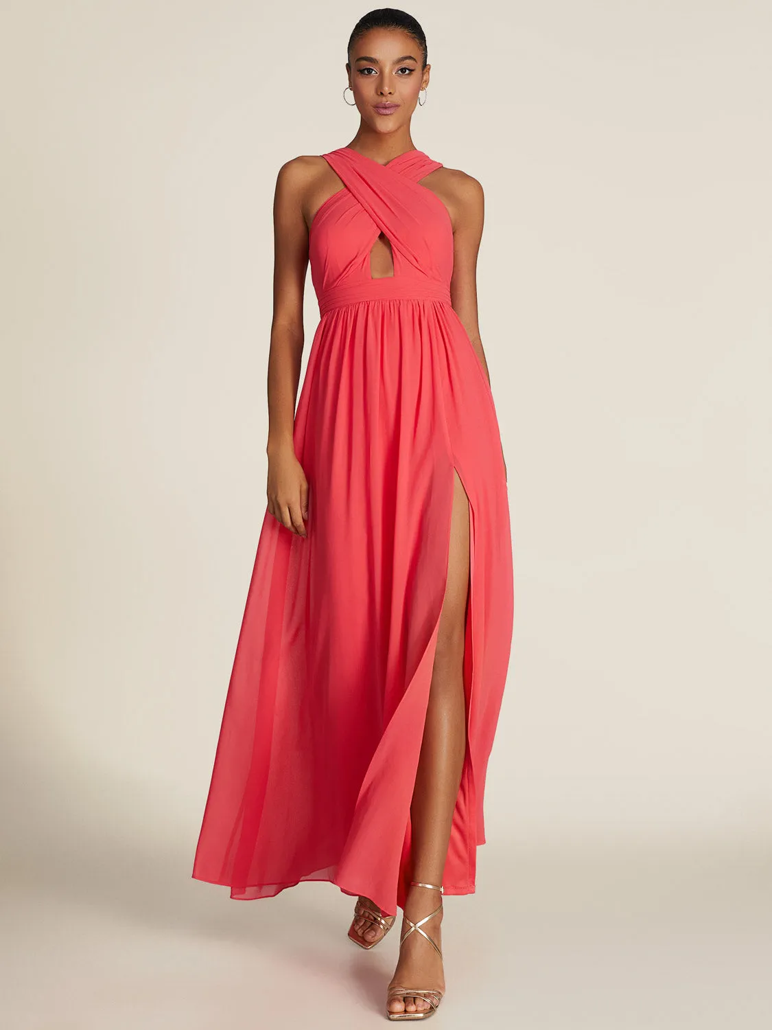 Crossover Chiffon Gown With Front Cutout