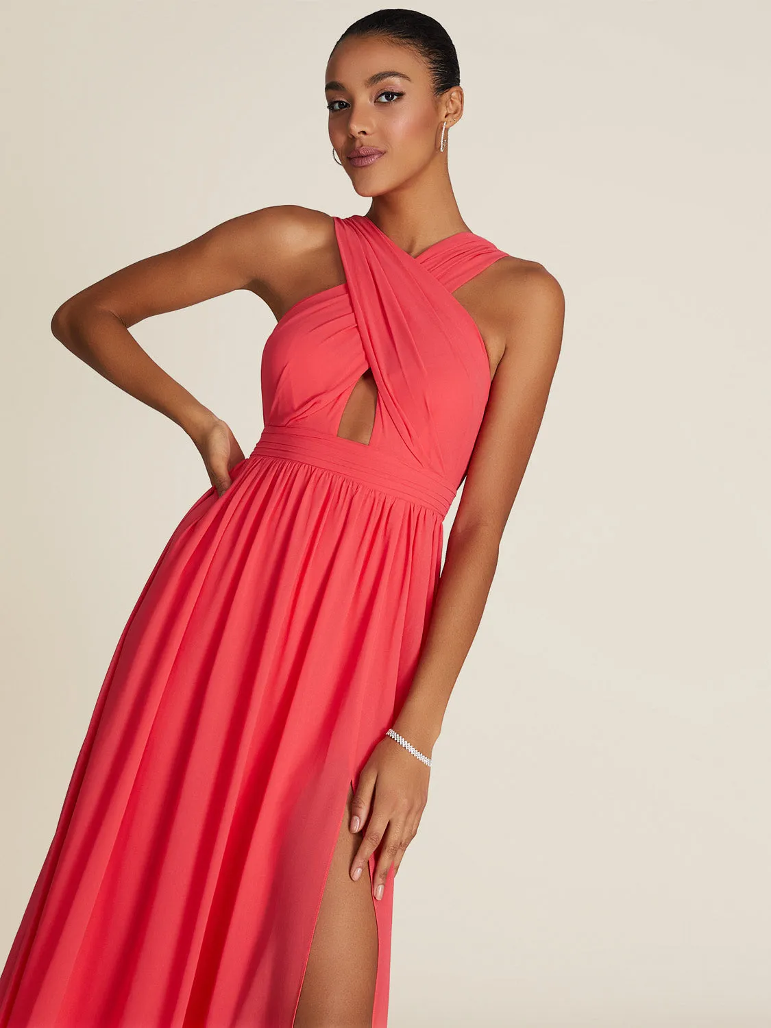 Crossover Chiffon Gown With Front Cutout