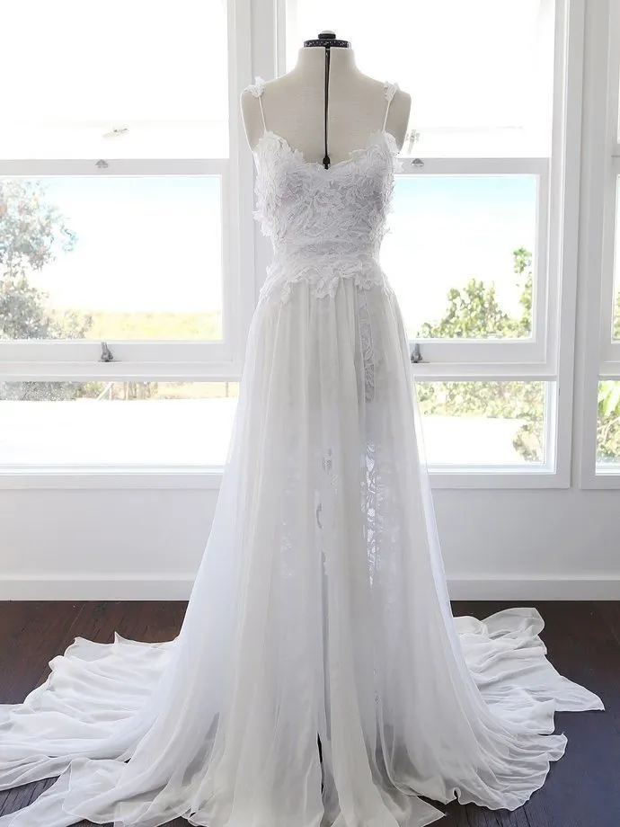 Custom Made Chiffon Lace Flower Spaghetti Open Back Beach Wedding Dresses, Bridal Dress WDY0167