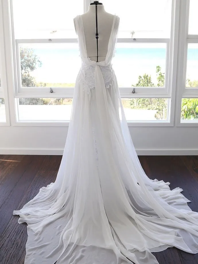 Custom Made Chiffon Lace Flower Spaghetti Open Back Beach Wedding Dresses, Bridal Dress WDY0167