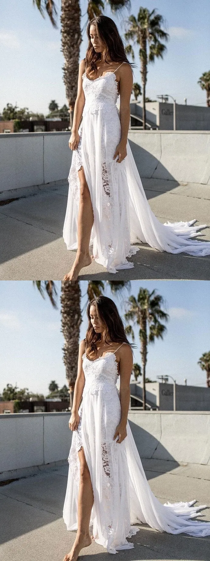 Custom Made Chiffon Lace Flower Spaghetti Open Back Beach Wedding Dresses, Bridal Dress WDY0167