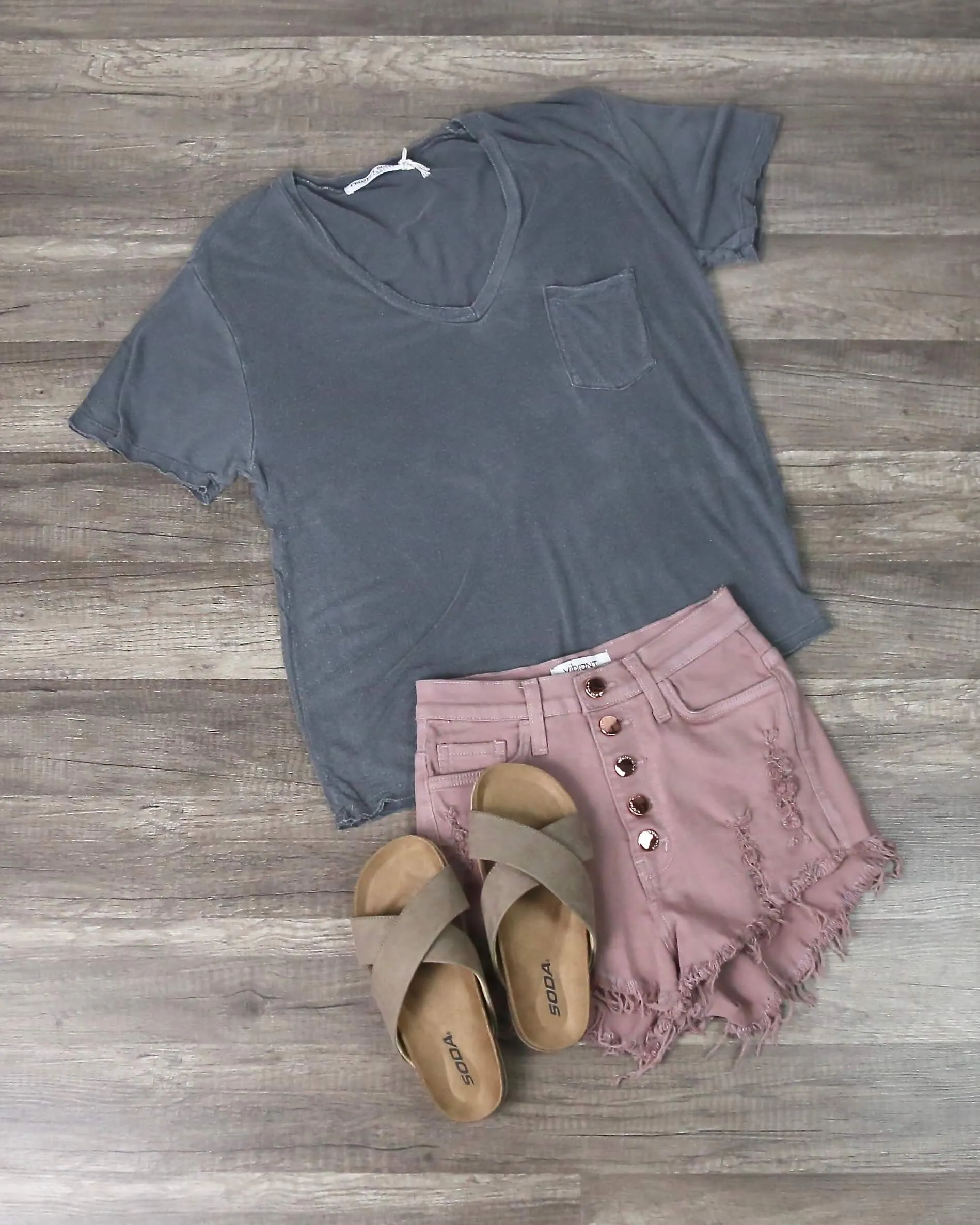 Distressed Button Down Shorts in Pink