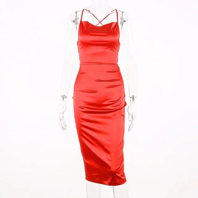 Dulzura Satin Lace Up Summer Bodycon Long Midi Sleeveless Backless elegant Party Sexy club Dress