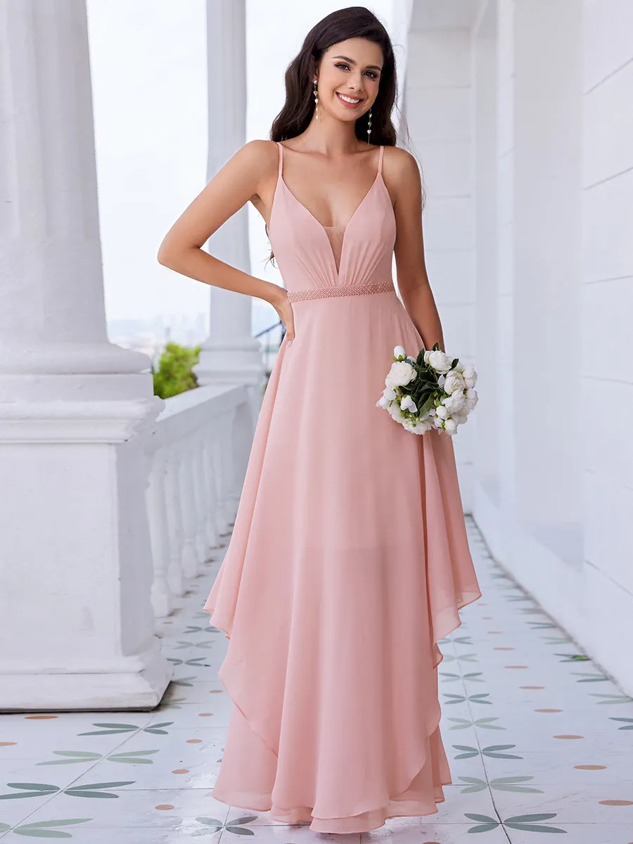 Elegant See-Through V Neck Spaghetti Straps Chiffon Bridesmaid Dresses with Floaty Asymmetrical Ruffles Hem