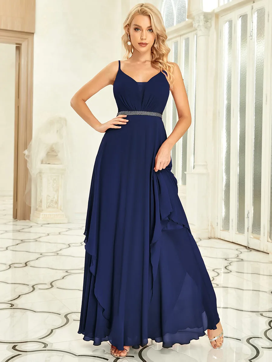 Elegant See-Through V Neck Spaghetti Straps Chiffon Bridesmaid Dresses with Floaty Asymmetrical Ruffles Hem