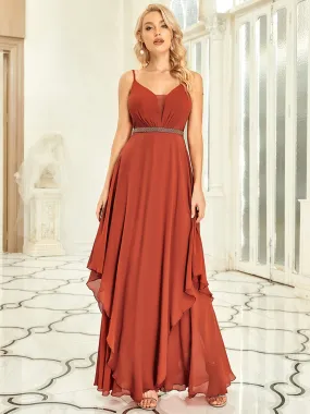 Elegant See-Through V Neck Spaghetti Straps Chiffon Bridesmaid Dresses with Floaty Asymmetrical Ruffles Hem