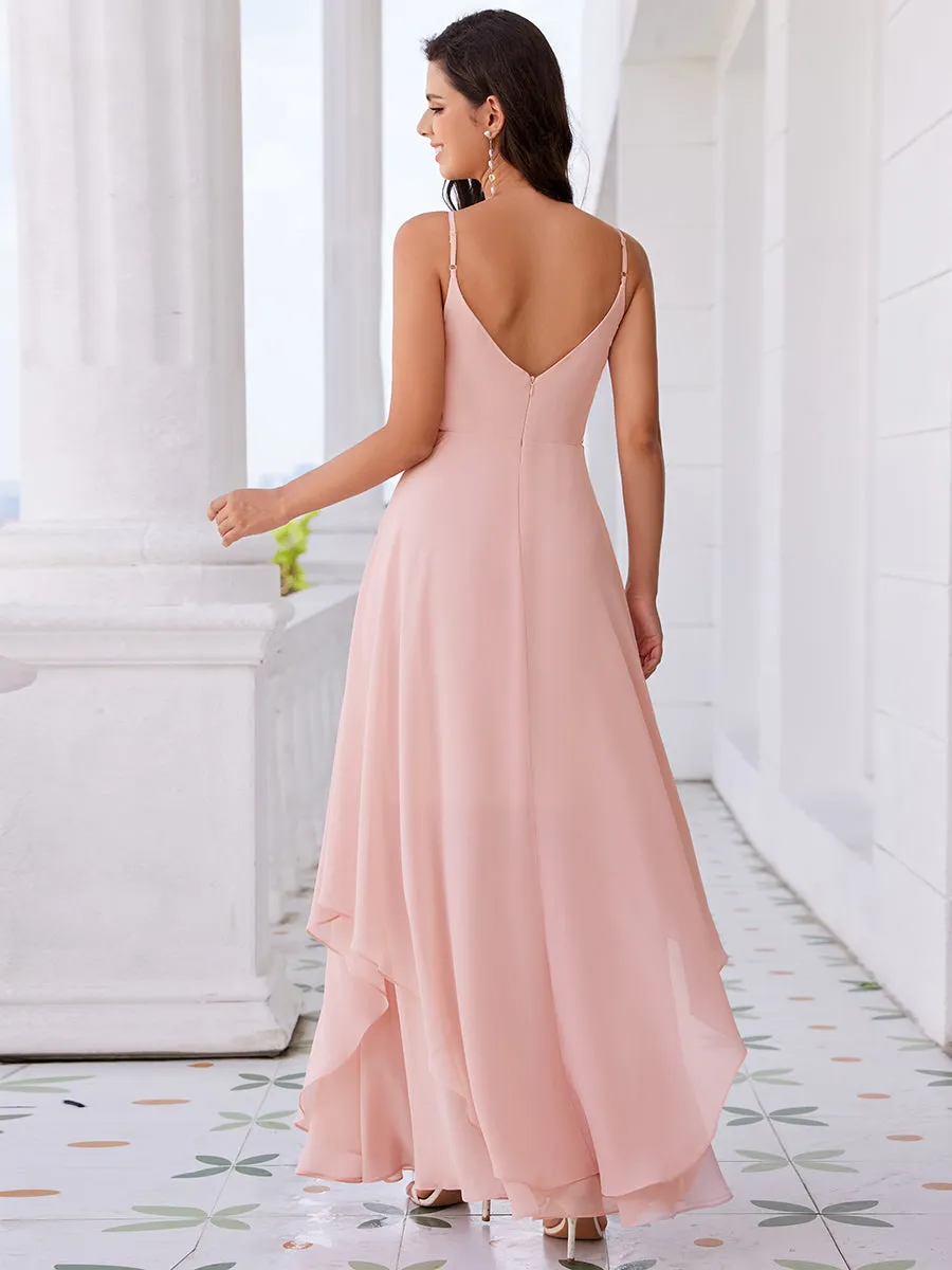 Elegant See-Through V Neck Spaghetti Straps Chiffon Bridesmaid Dresses with Floaty Asymmetrical Ruffles Hem