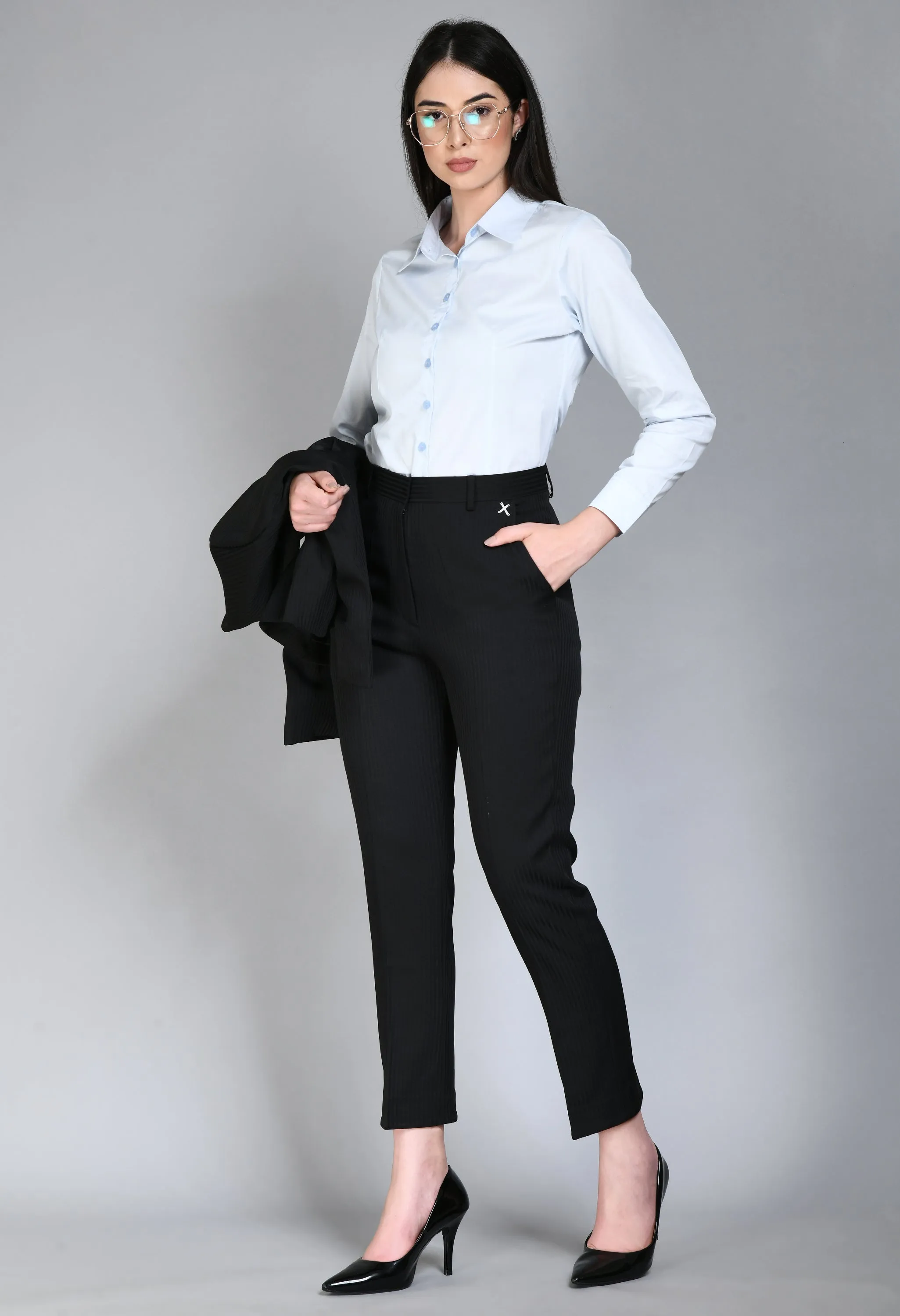 Exude Fearlessness Striped Short Blazer Pant Suit (Black)