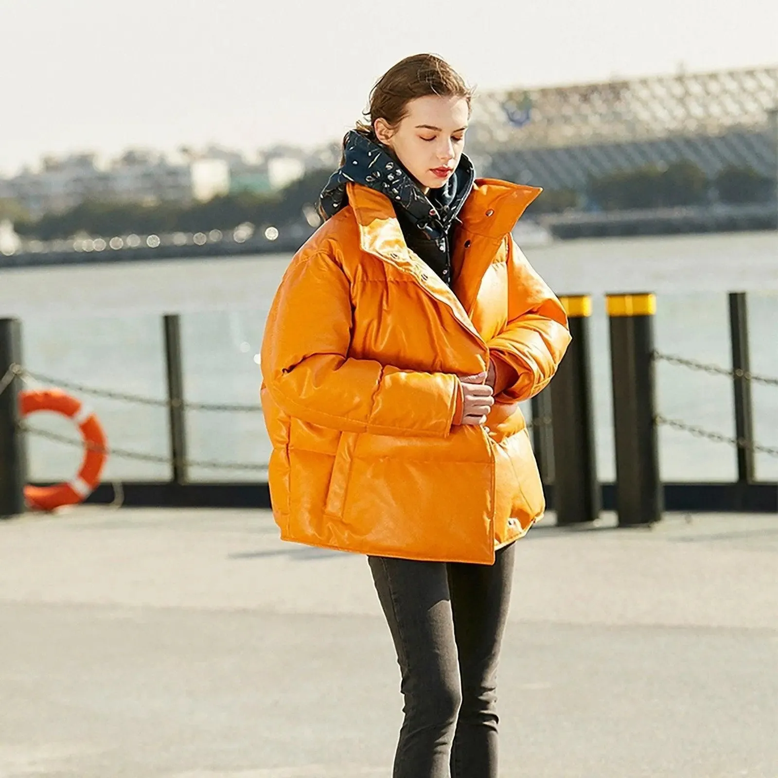 Faux Leather Filled Down Puffer Jacket