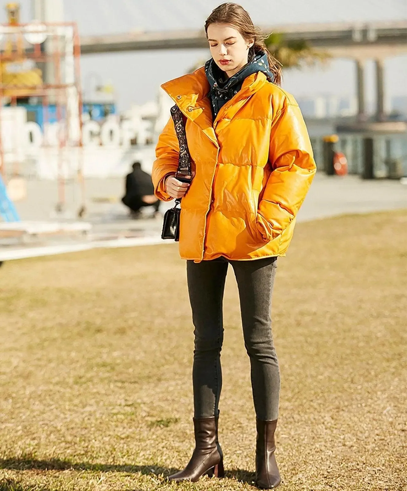 Faux Leather Filled Down Puffer Jacket