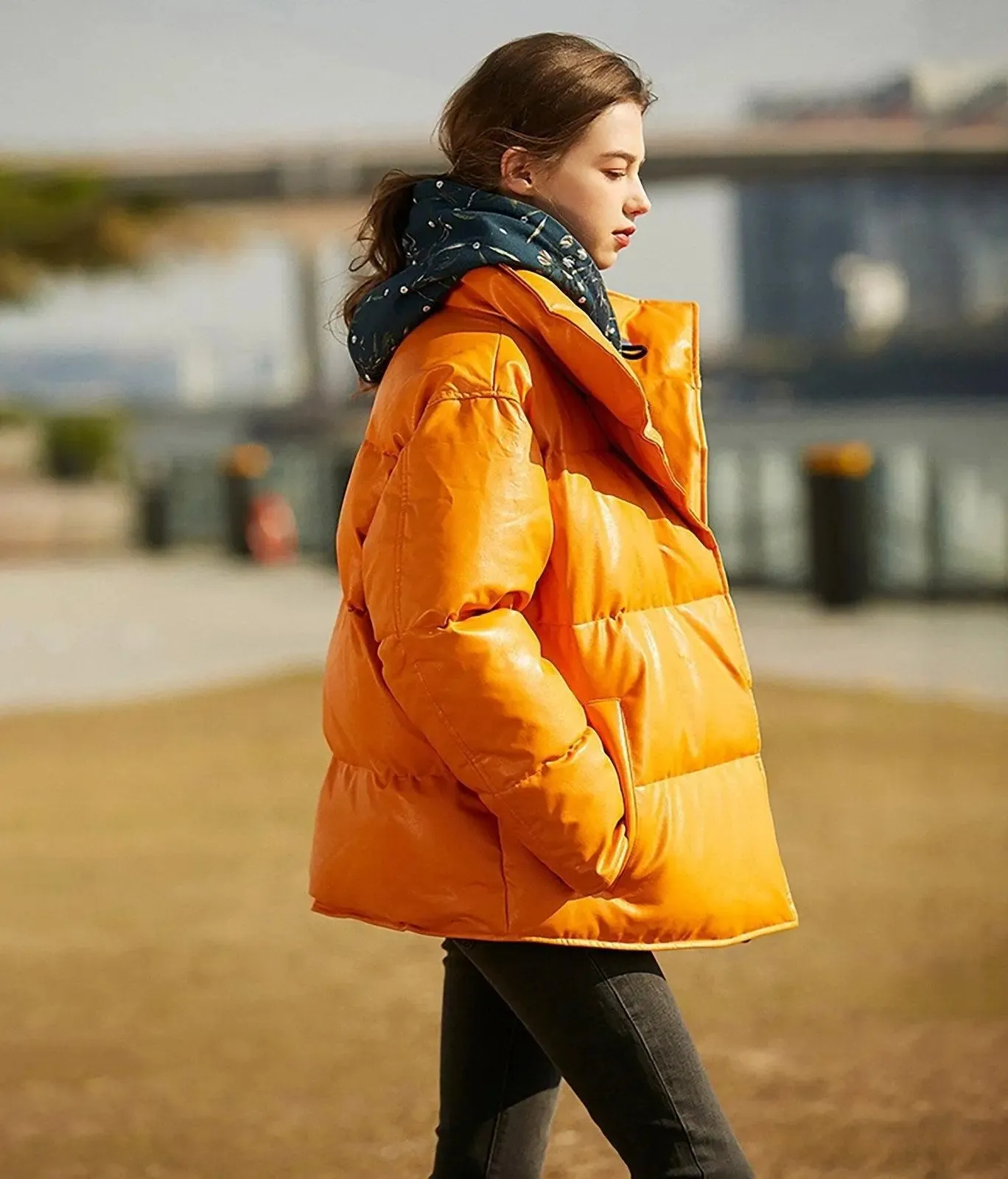 Faux Leather Filled Down Puffer Jacket