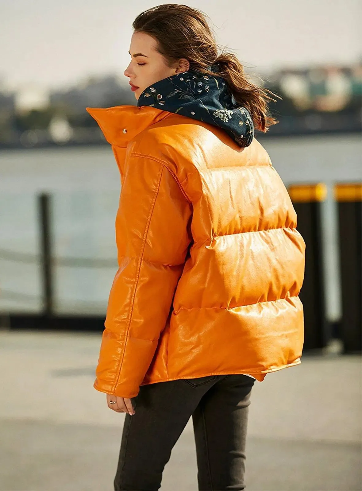 Faux Leather Filled Down Puffer Jacket