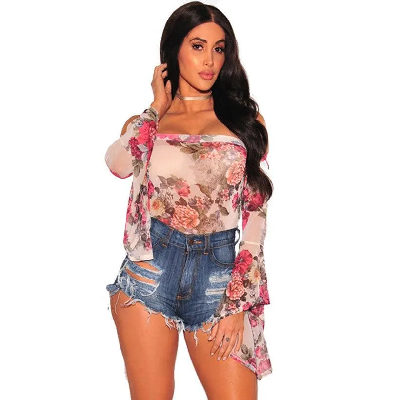 FLARE SLEEVE MESH FLORAL BODYSUIT