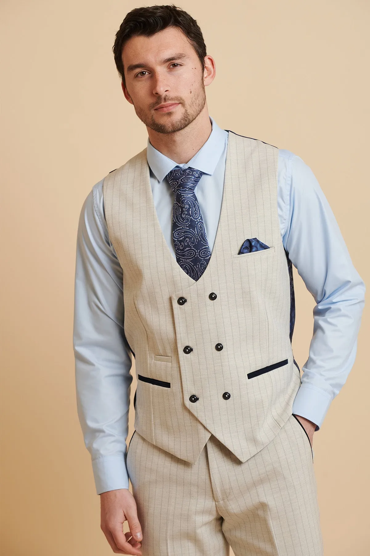 GRANT - Stone Double Breasted Pinstripe Waistcoat