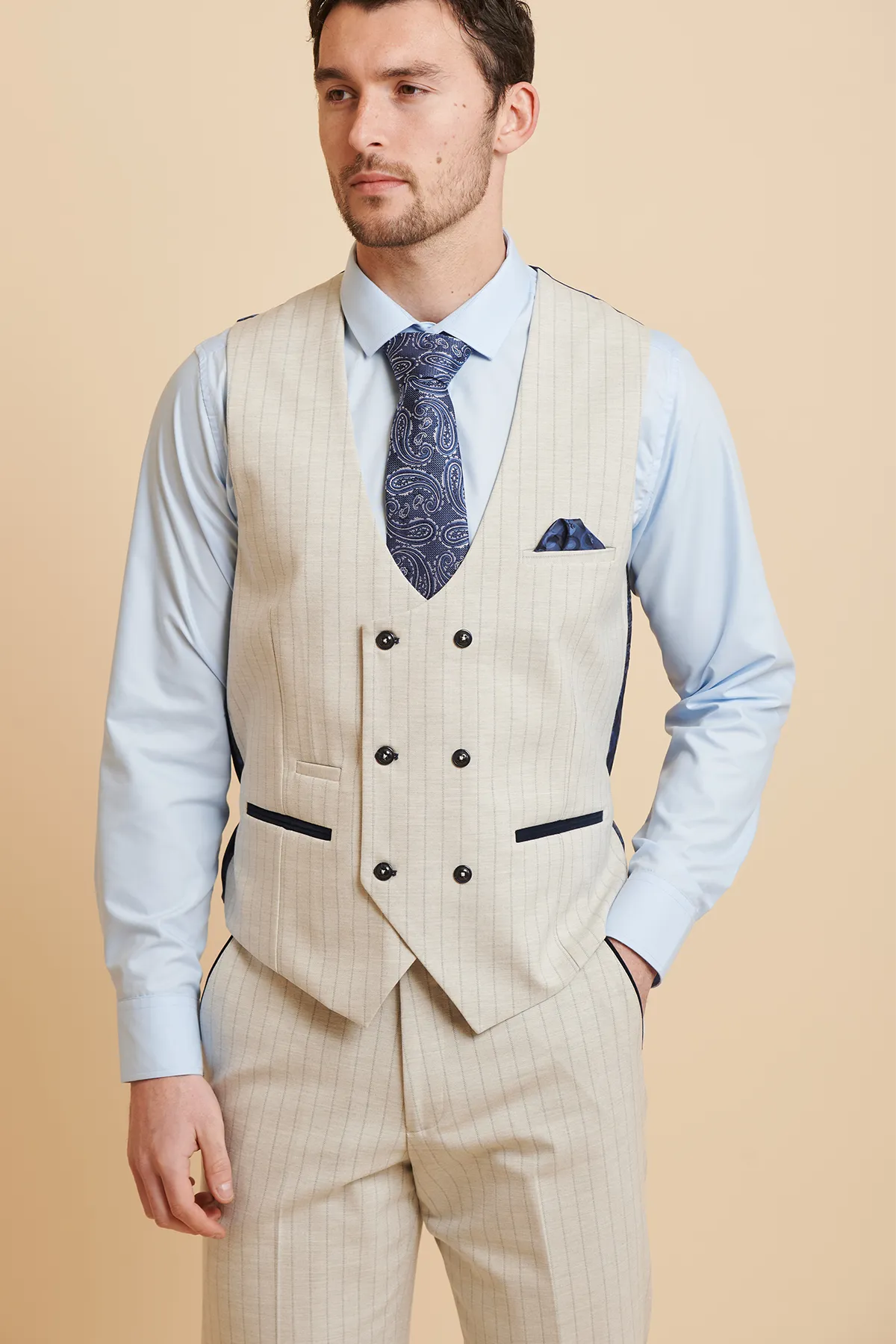 GRANT - Stone Double Breasted Pinstripe Waistcoat