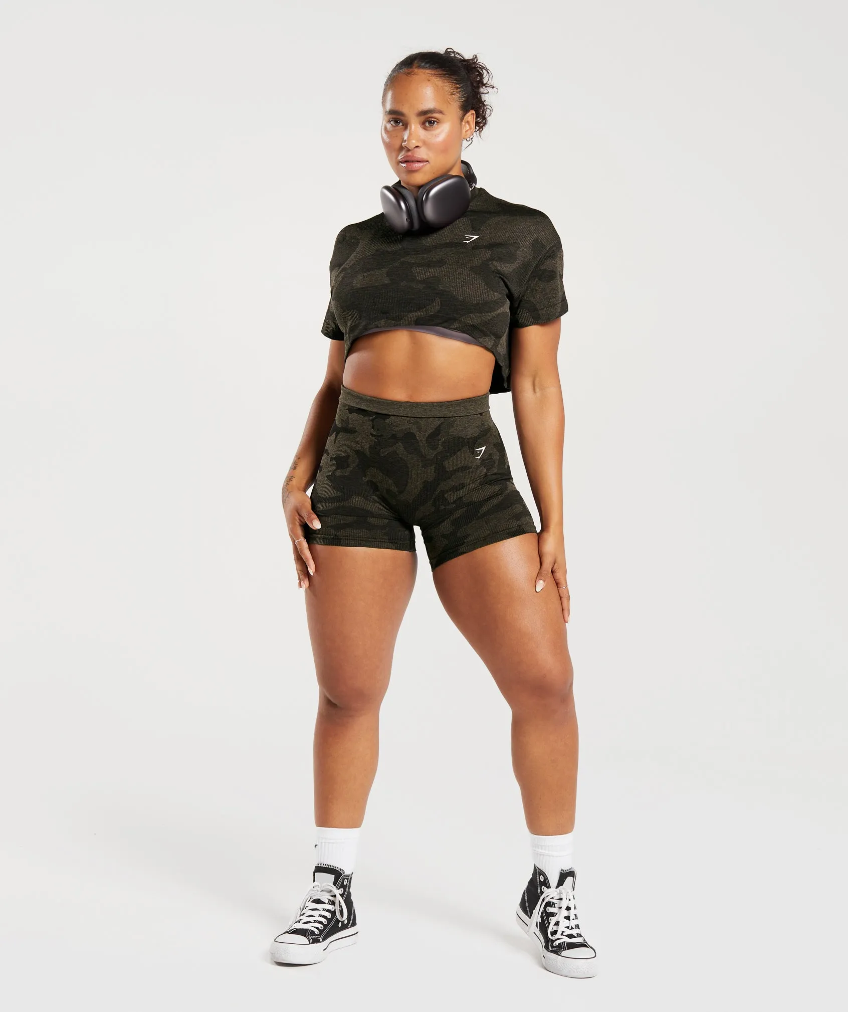 Gymshark Adapt Camo Seamless Ribbed Crop Top - Black/Camo Brown