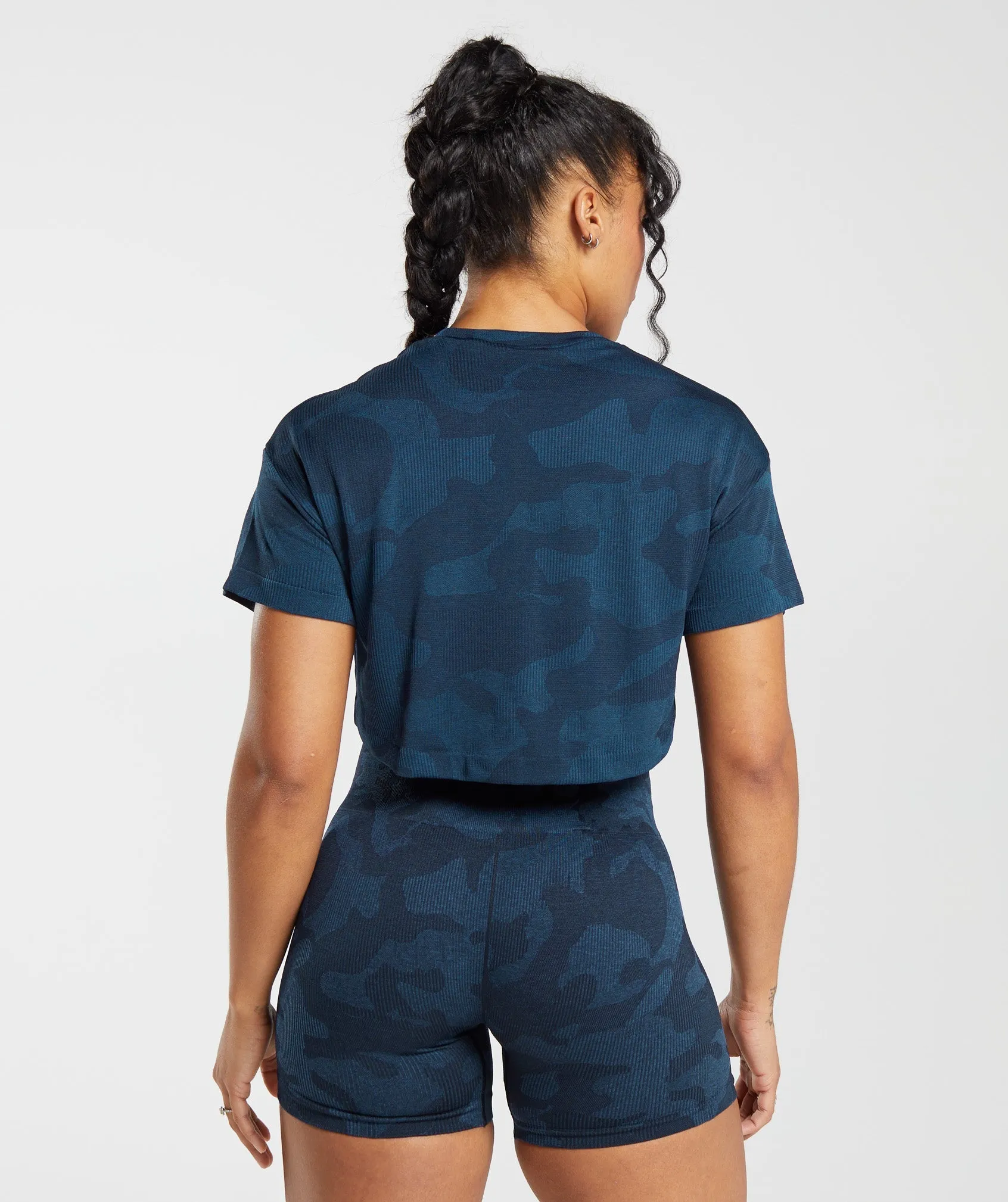 Gymshark Adapt Camo Seamless Ribbed Crop Top - Midnight Blue/Ash Blue