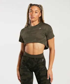 Gymshark Winter Olive/Soul Brown Camo Seamless Ribbed Crop Top - Ideal for Fitness & Sportswear