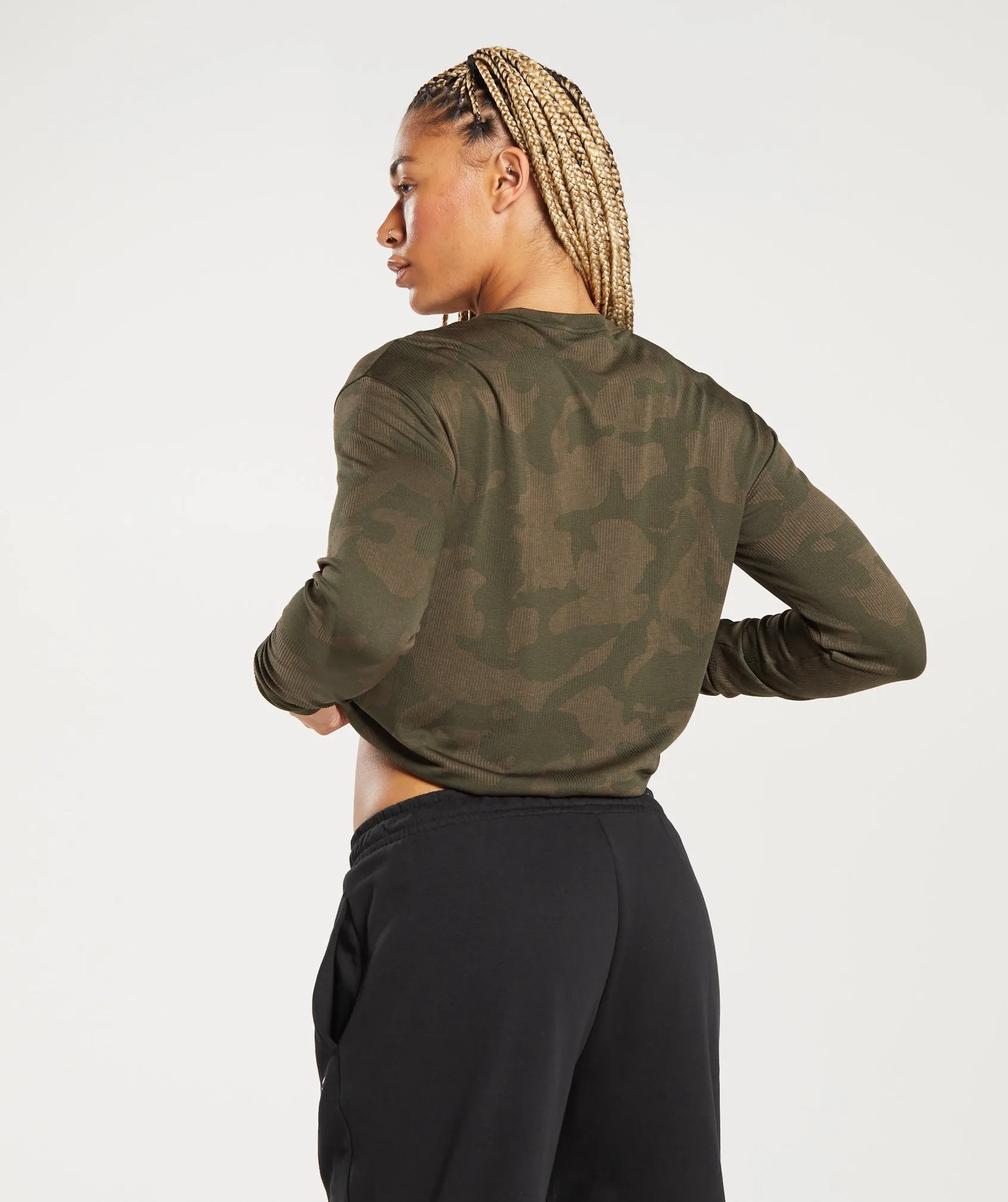 Gymshark Adapt Camo Seamless Ribbed Long Sleeve Top - Winter Olive/Soul Brown