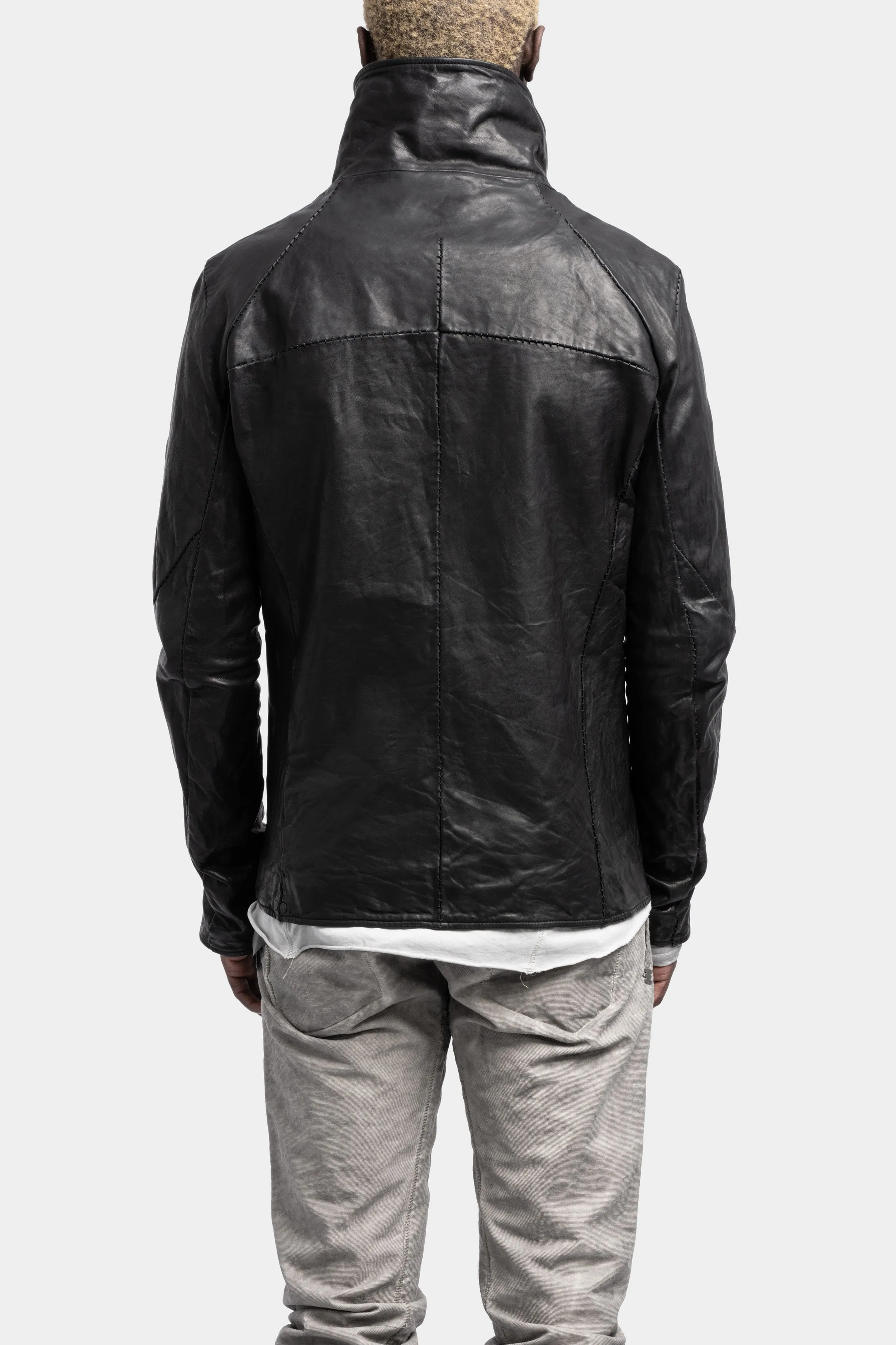 High neck darted raglan shoulder scar stitch leather jacket