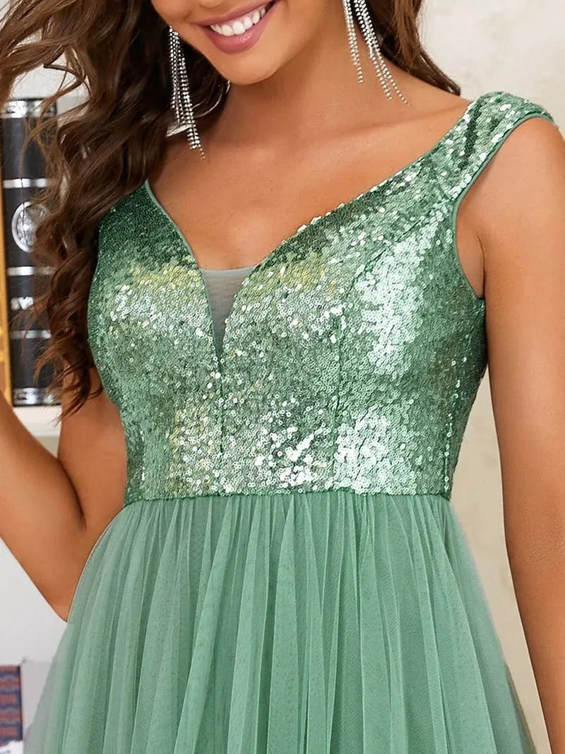 High Waist Tulle & Sequin Sleeveless Evening Dress