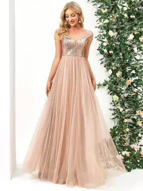 High Waist Tulle & Sequin Sleeveless Evening Dress