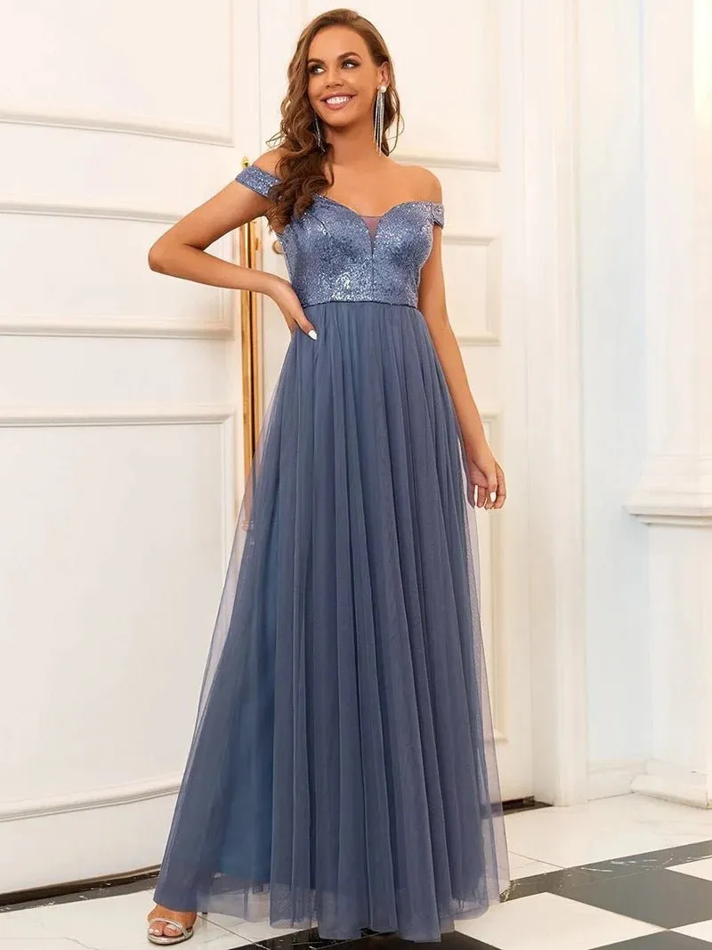 High Waist Tulle & Sequin Sleeveless Evening Dress