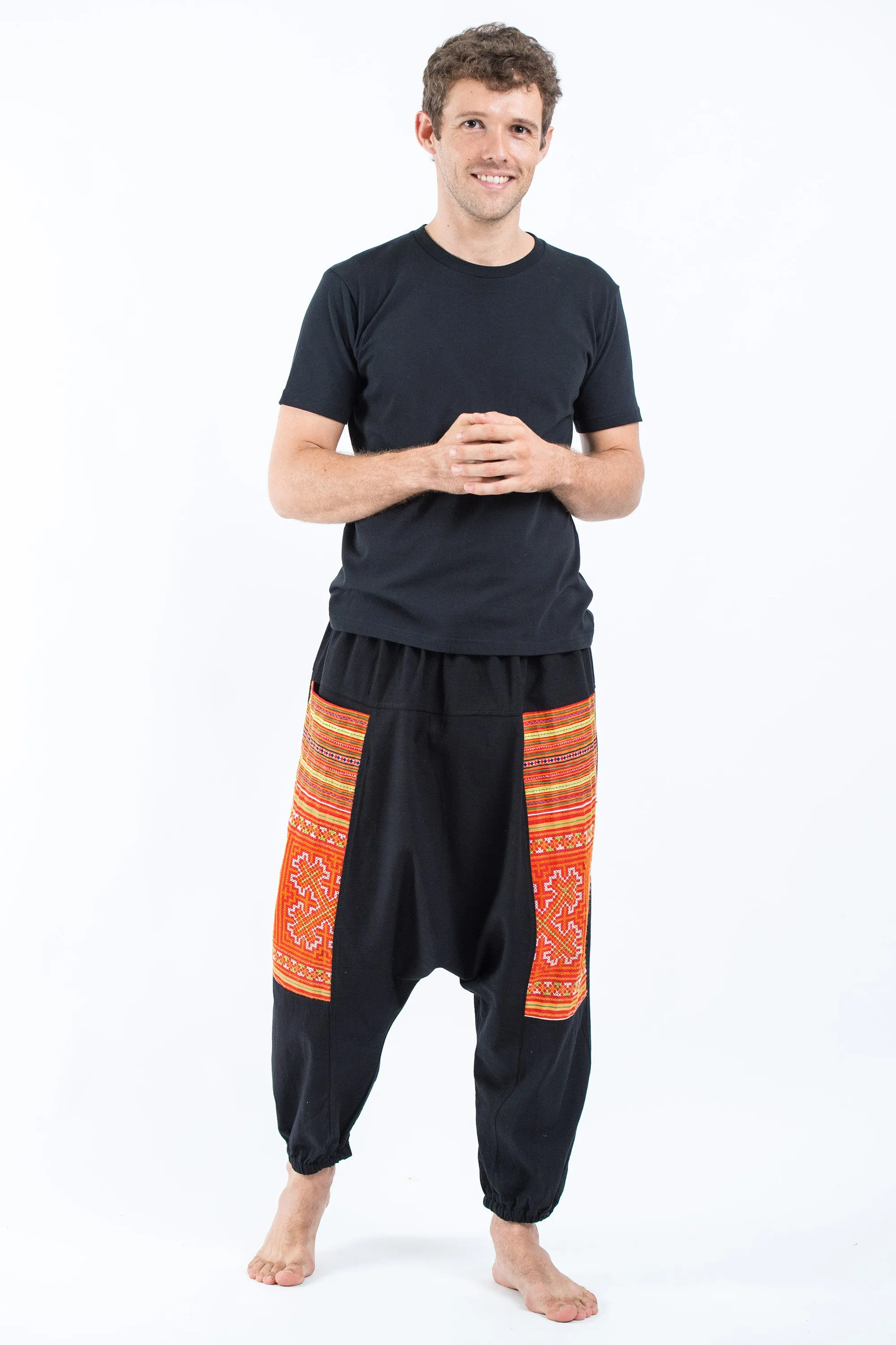 Hill Tribe Embroidered Cotton Men's Harem Pants In Black