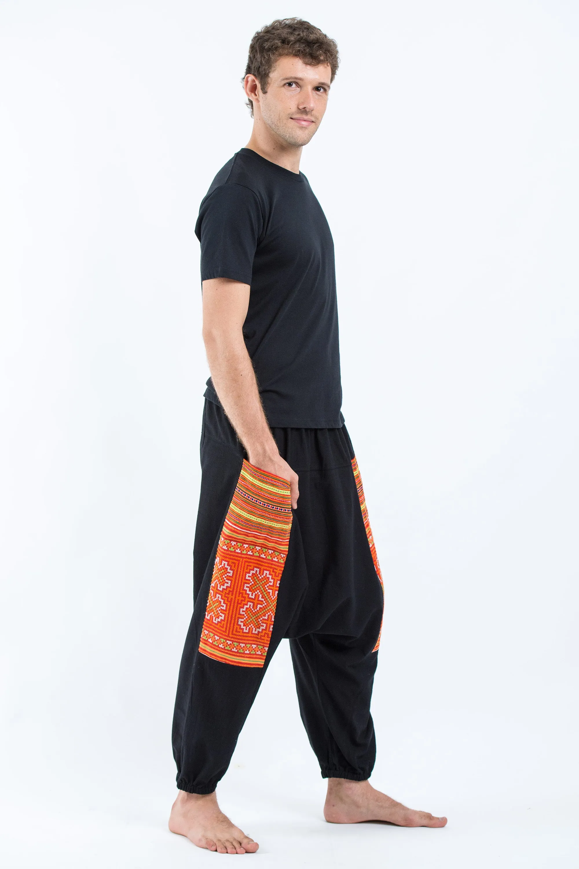 Hill Tribe Embroidered Cotton Men's Harem Pants In Black