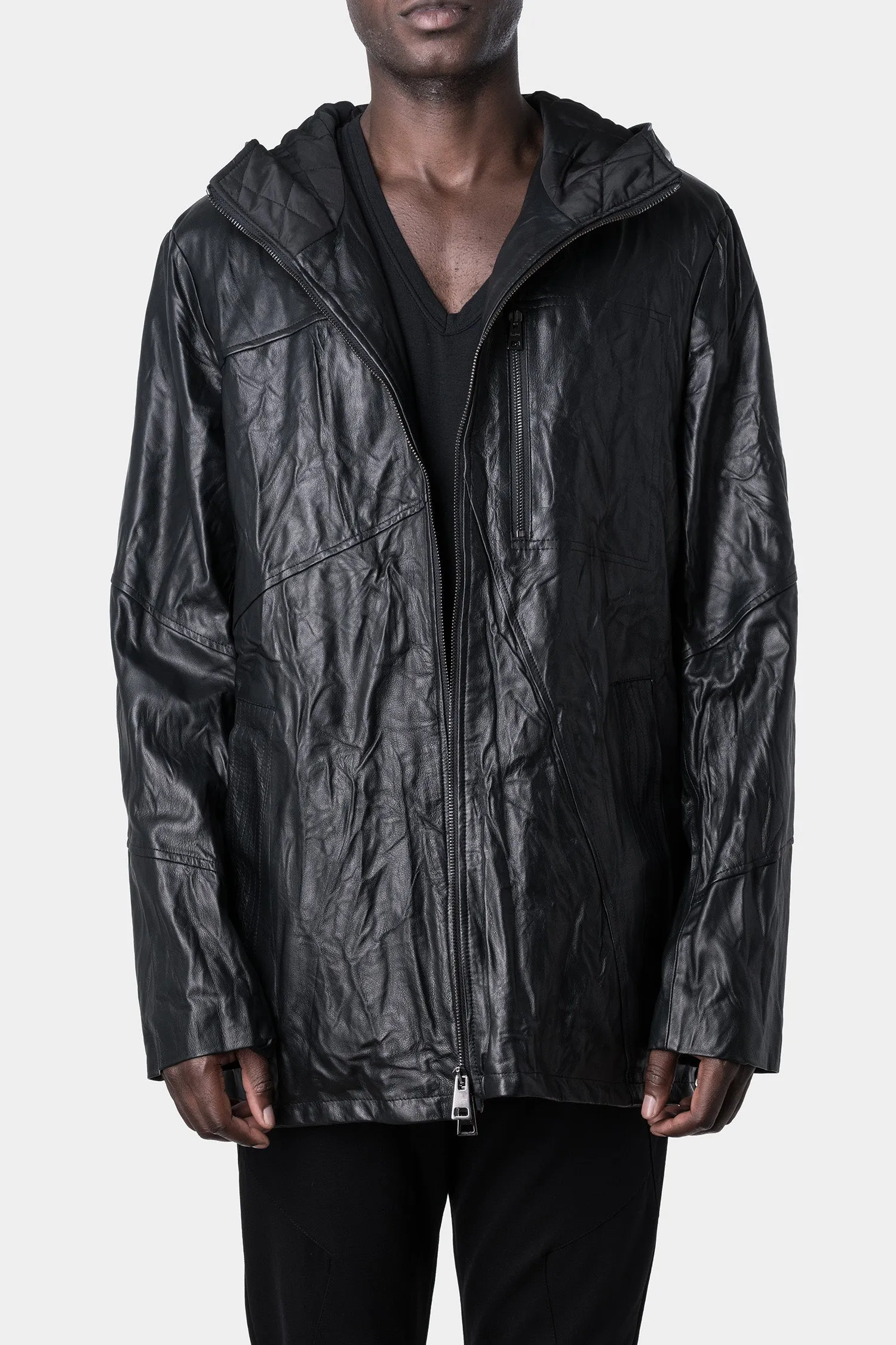 Insulated washed leather hooded zip jacket