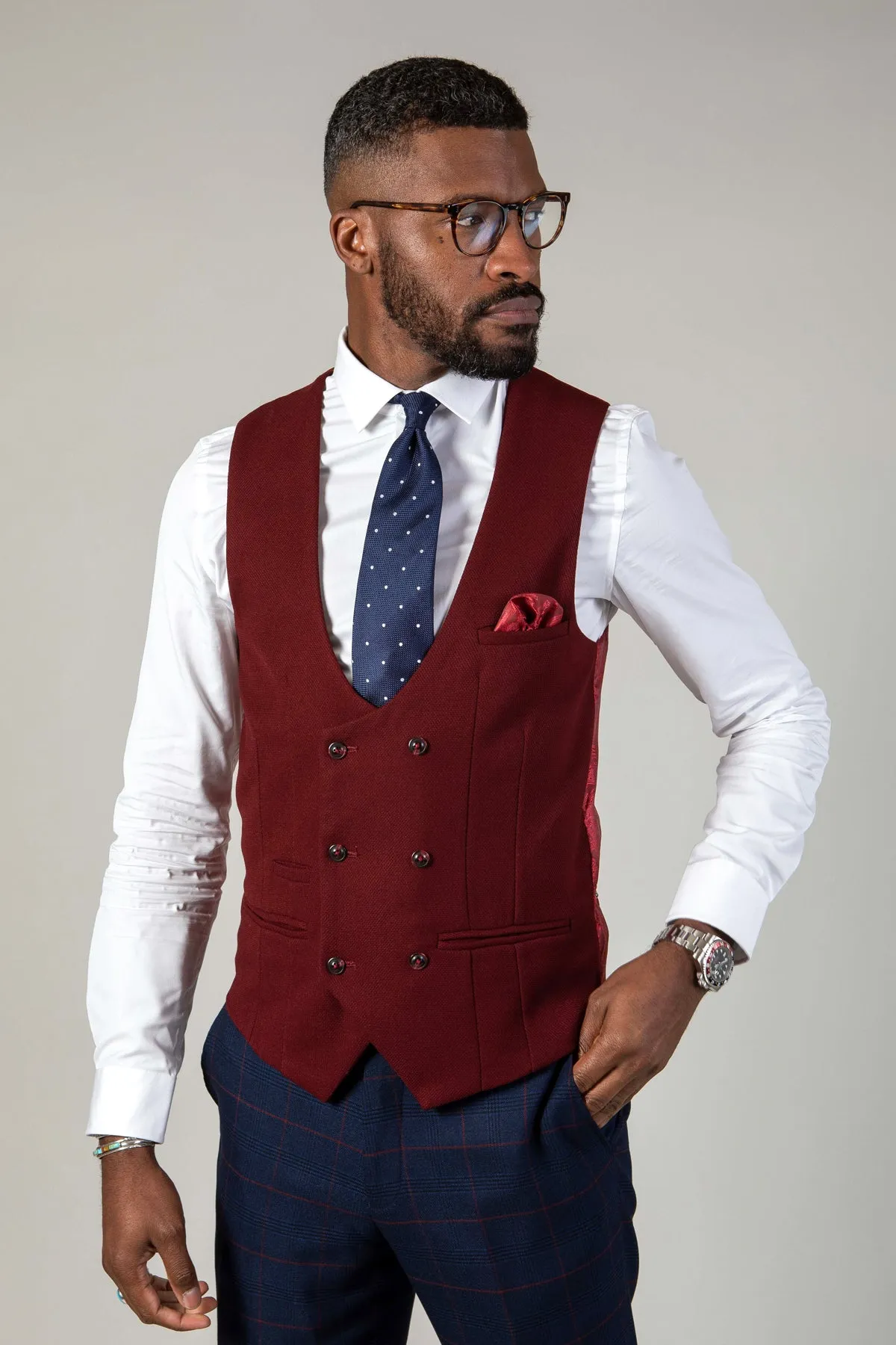 KELVIN - Wine Double Breasted Waistcoat