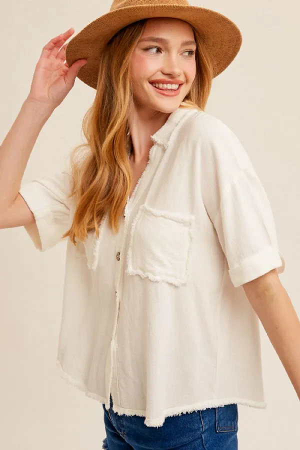 Lapel Collar Button Down V-Neck Short Sleeve Top