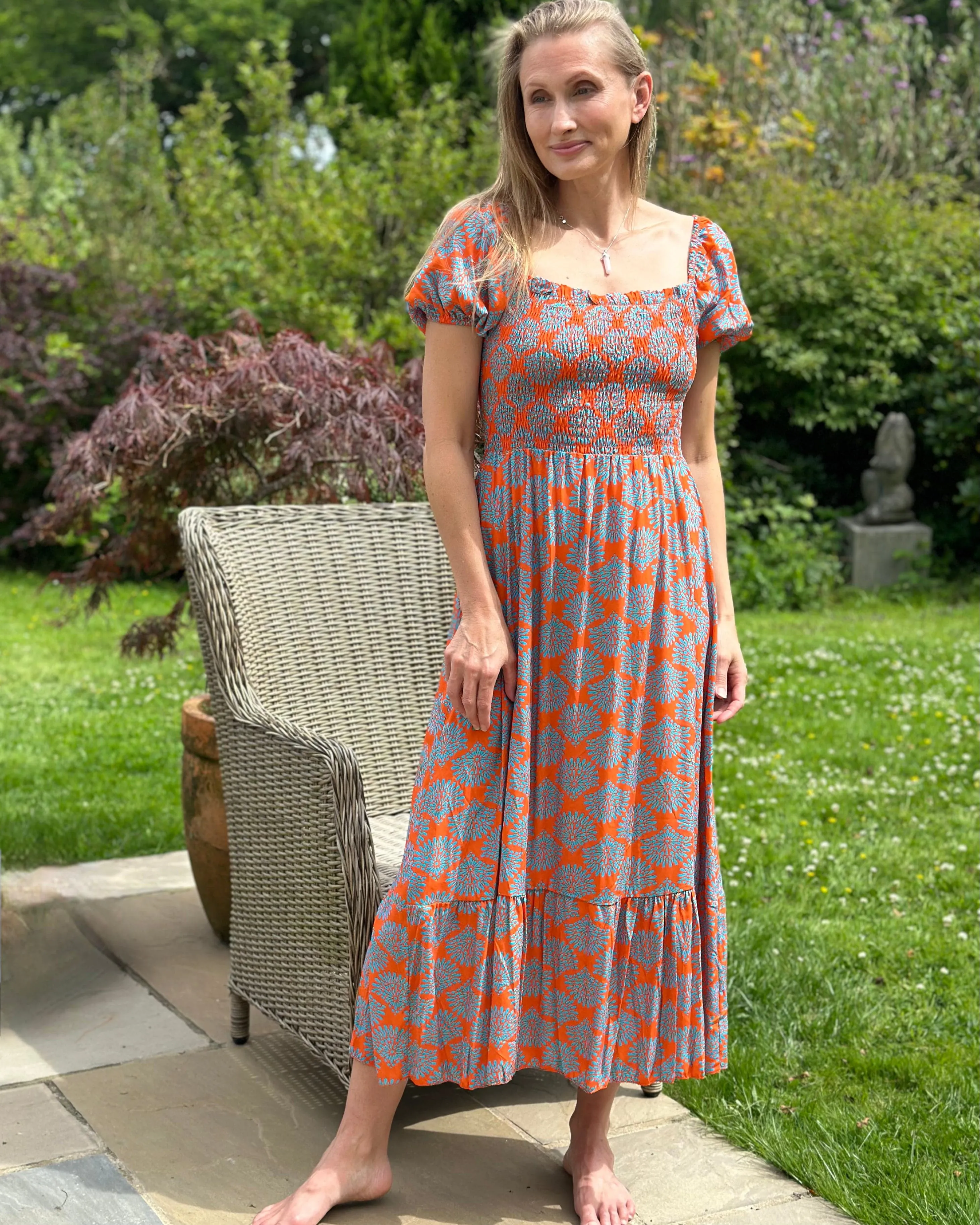 Long Ruched Bodice Print Dress - Orange/Denim