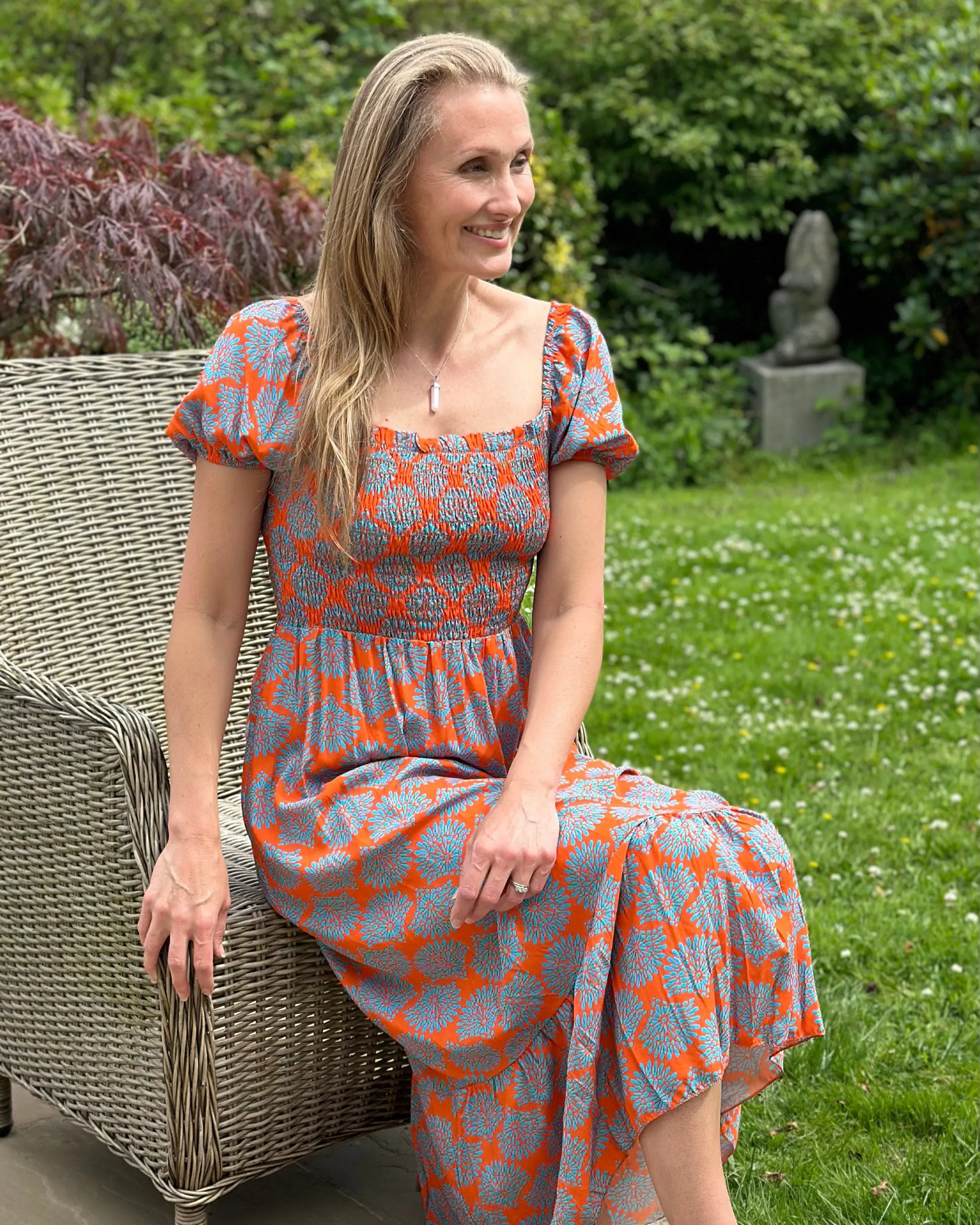 Long Ruched Bodice Print Dress - Orange/Denim