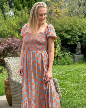 Long Ruched Bodice Print Dress - Orange/Denim