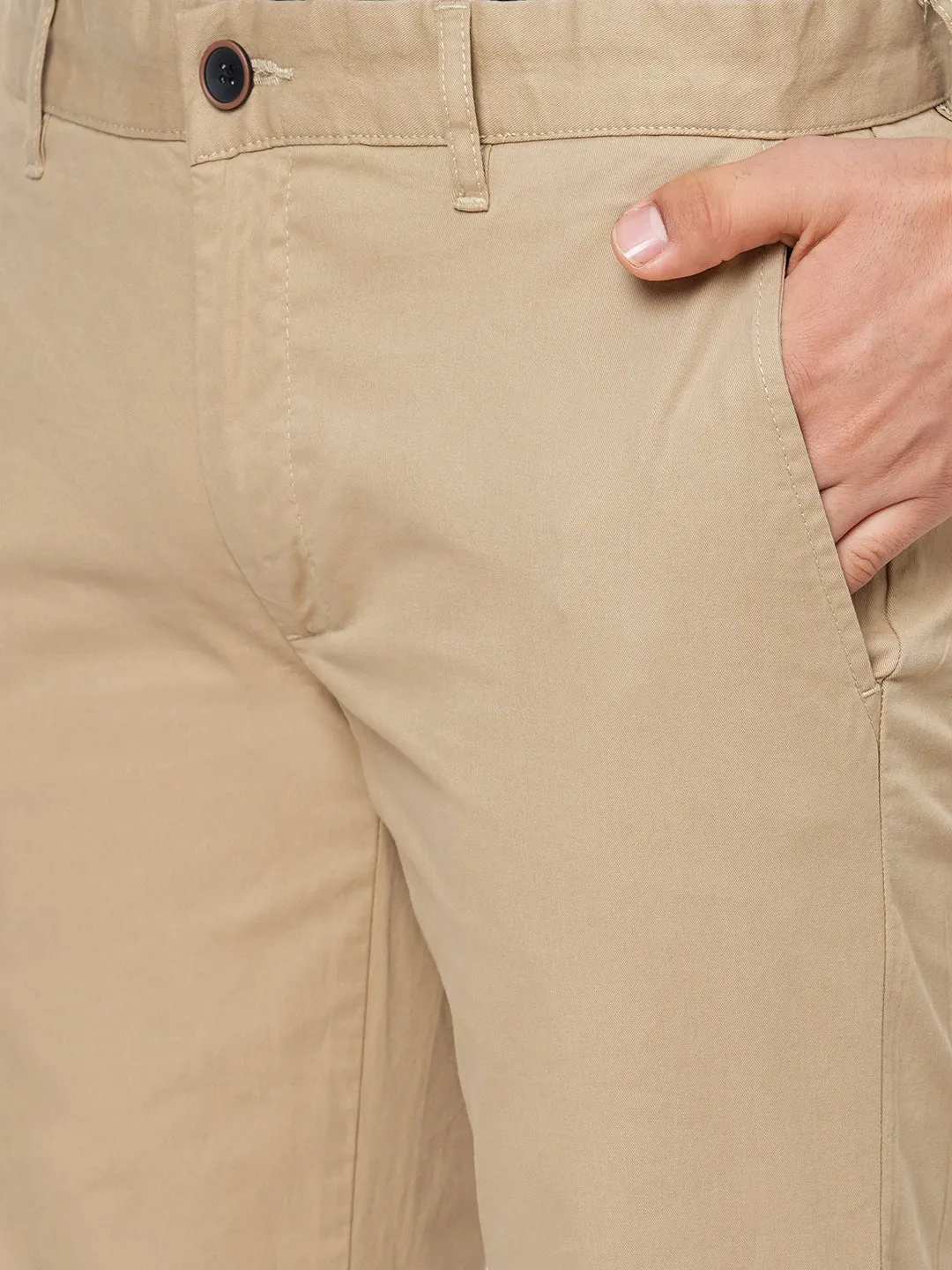 Men's Khaki Cotton Lycra Regular Fit Pant