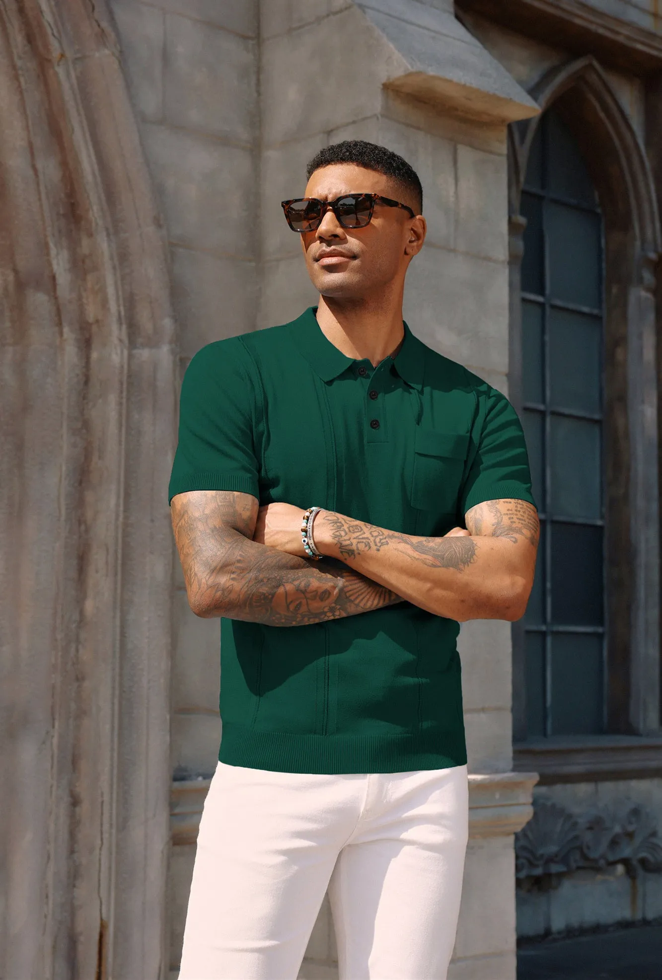 Men's Knit Polo Shirt Short Sleeve Casual Solid Golf Shirts with Pocket