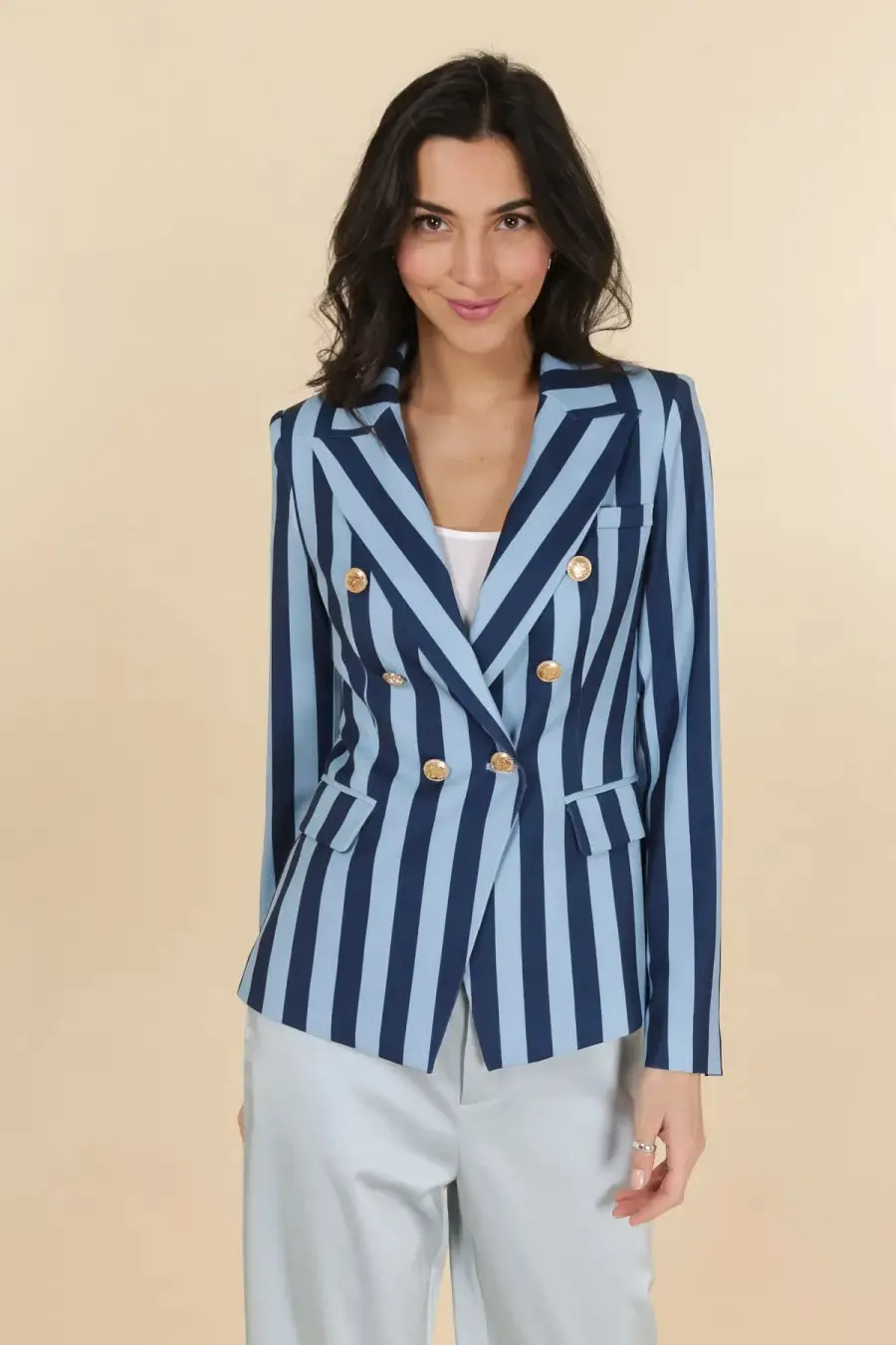 Navy Blues Striped Print Blazer Jacket