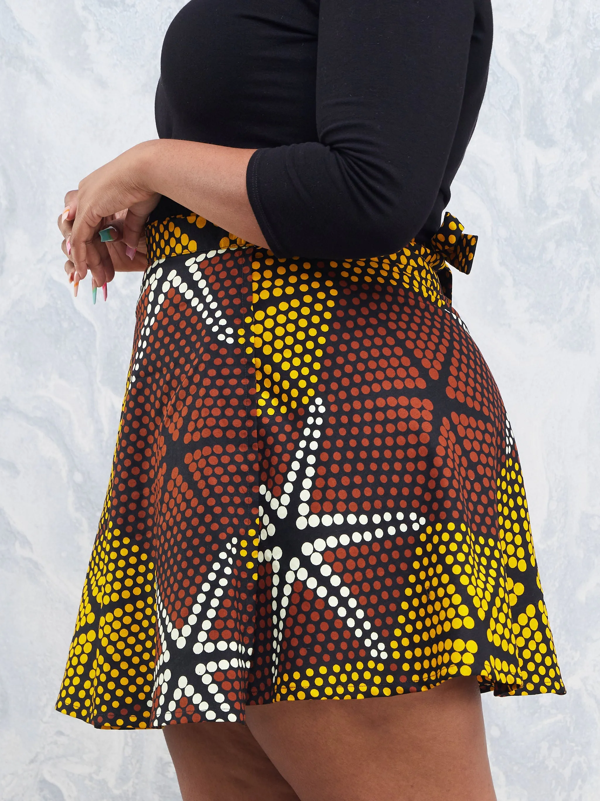 Nimali Mini A-Line Skirt - Black / Yellow Polka Ankara