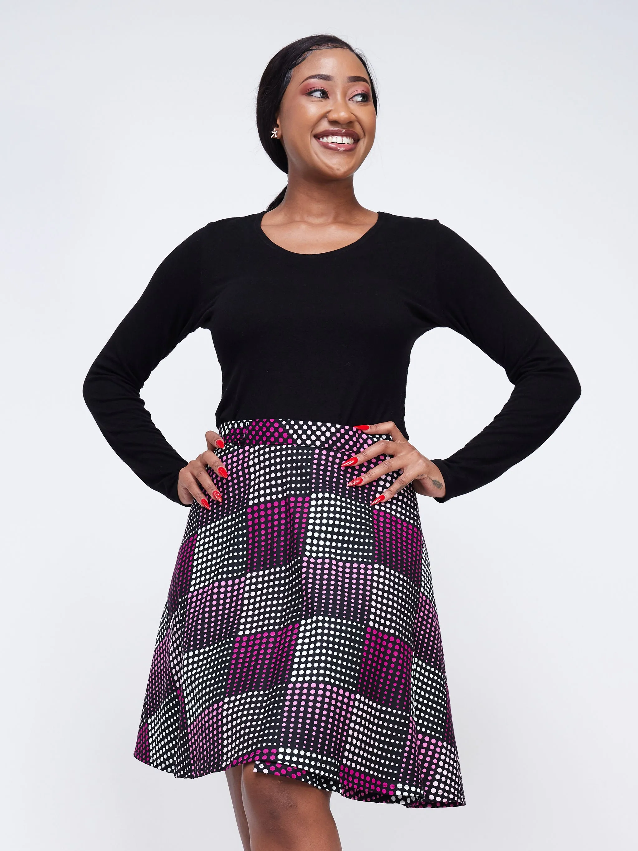 Nimali Mini A-Line Skirt - Pink / Black Polka Ankara