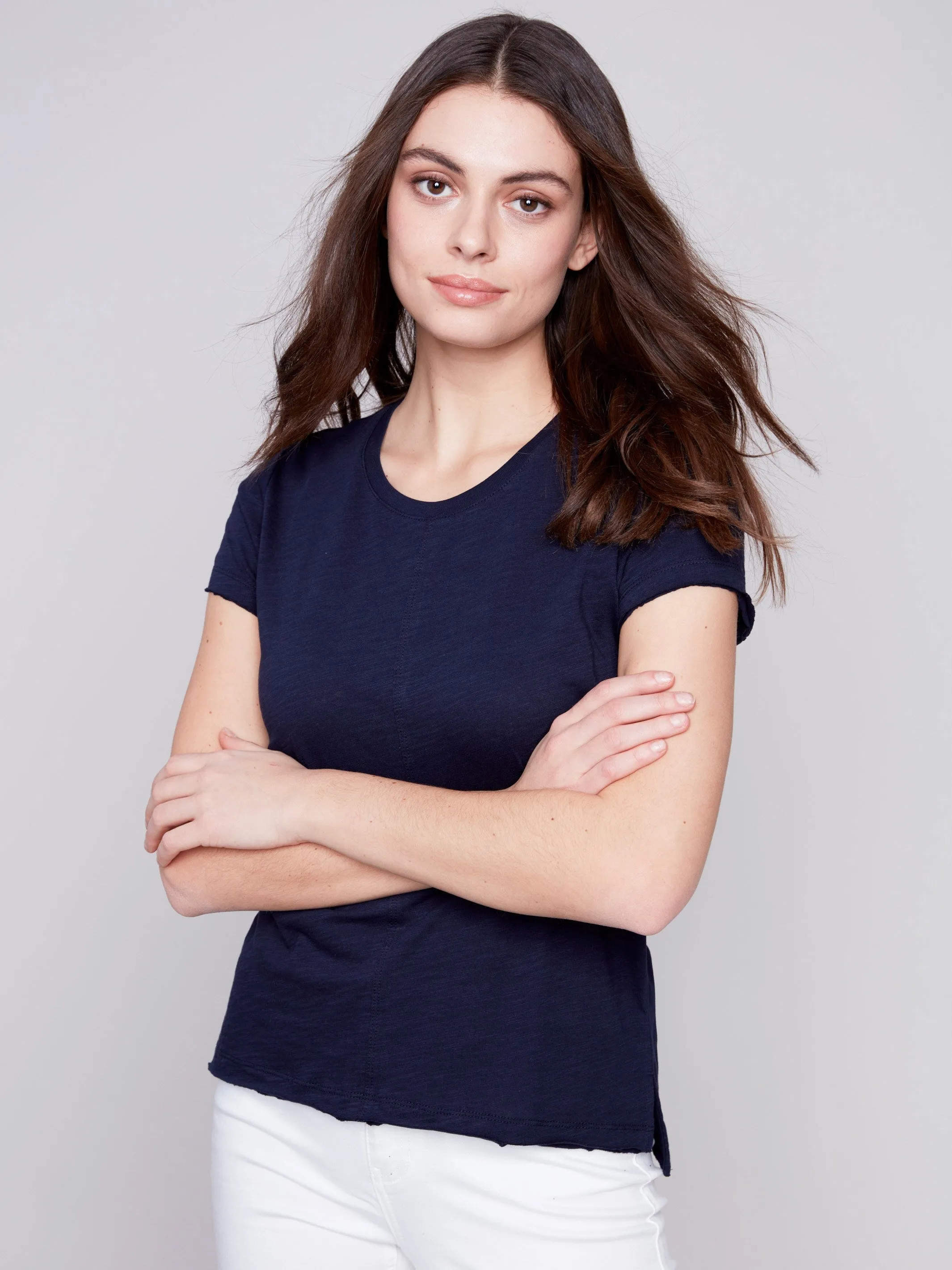 Organic Cotton Slub Knit T-Shirt - Navy