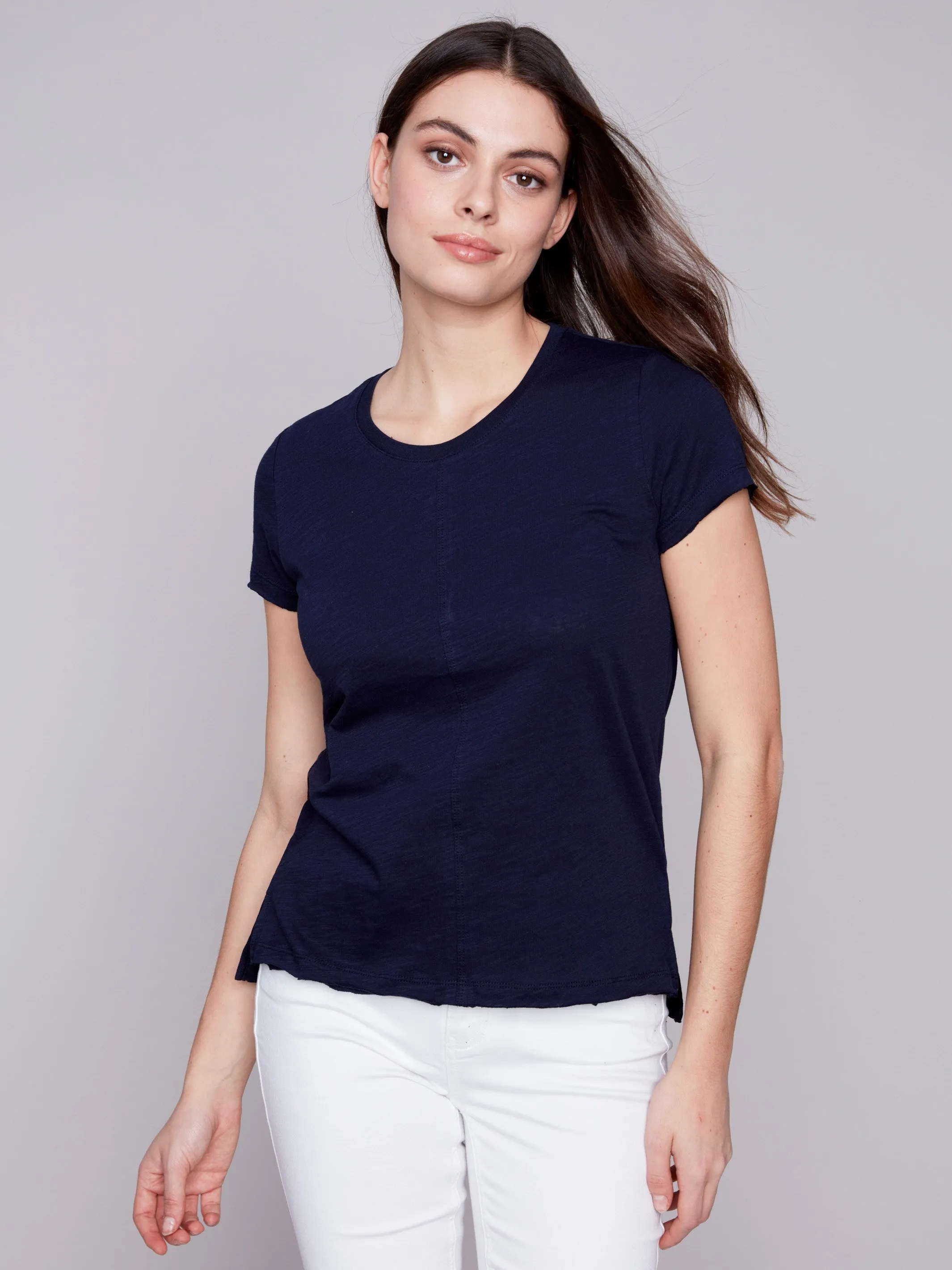 Organic Cotton Slub Knit T-Shirt - Navy