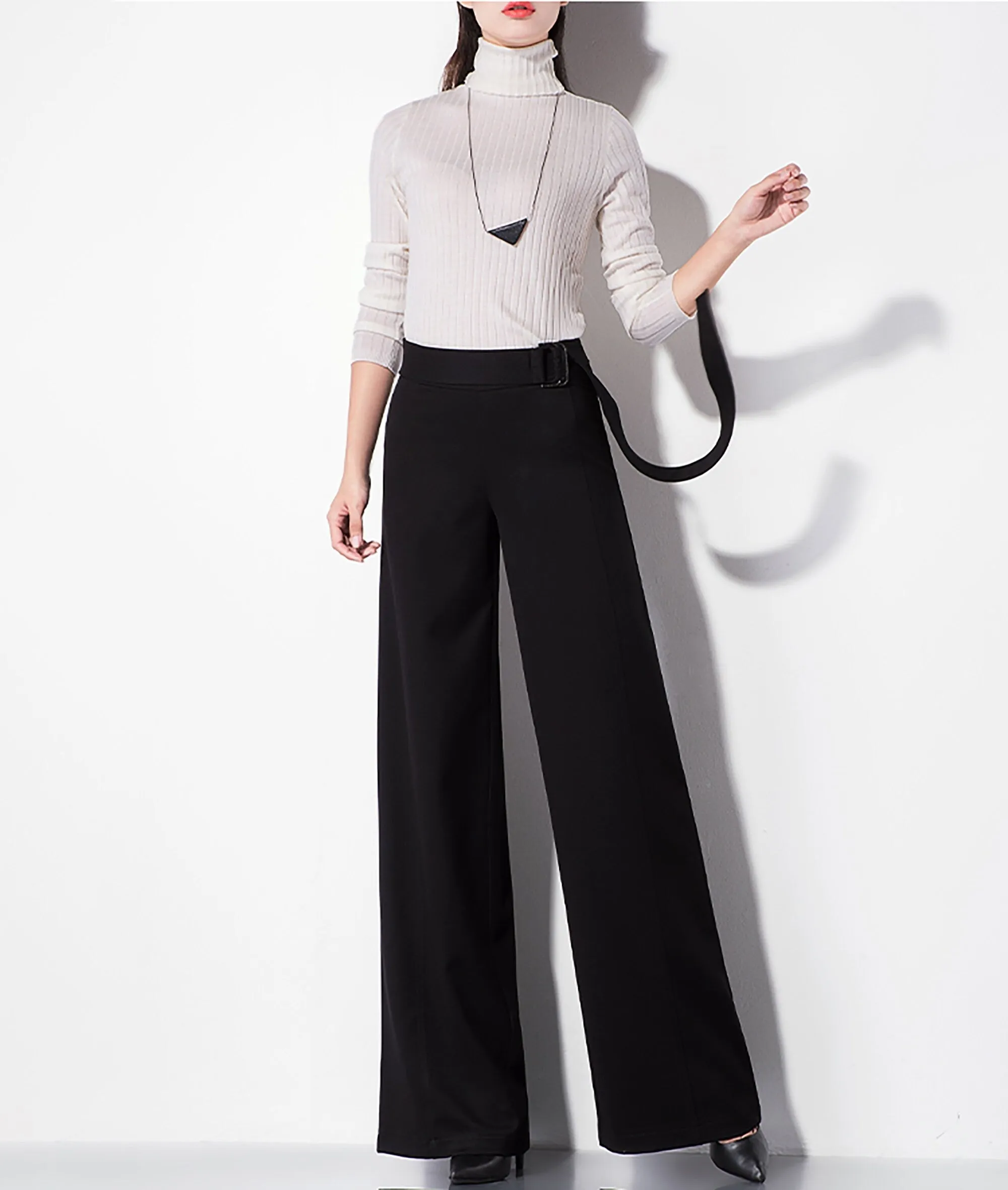 Pull-On Belted High Waist Wide Leg Pants