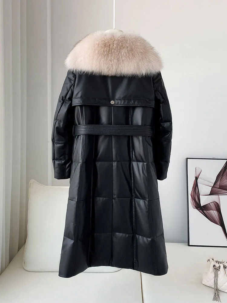 Real Fur Collar Quilted Down Lamb Leather Coat