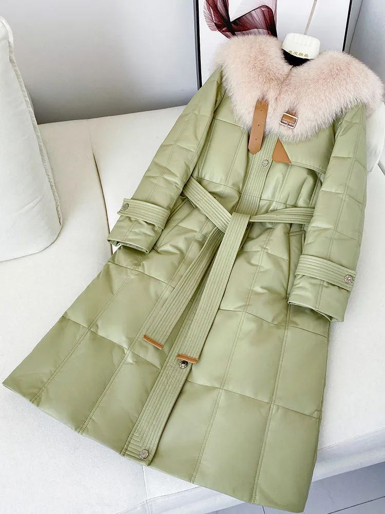 Real Fur Collar Quilted Down Lamb Leather Coat