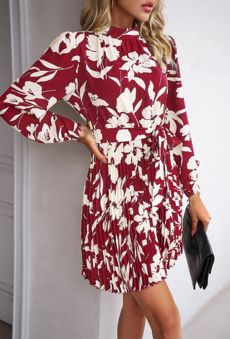 Red Long-Sleeved Floral Print Ruffled Short Dress